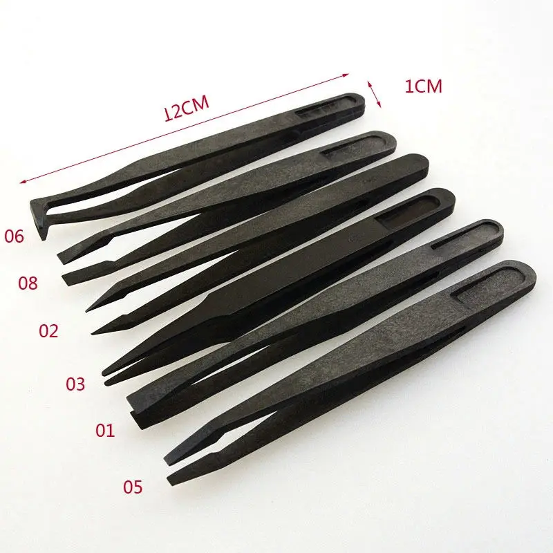 7pcs/lot Black ESD Tweezers Set Anti Static Plastic Electronic Tweezers