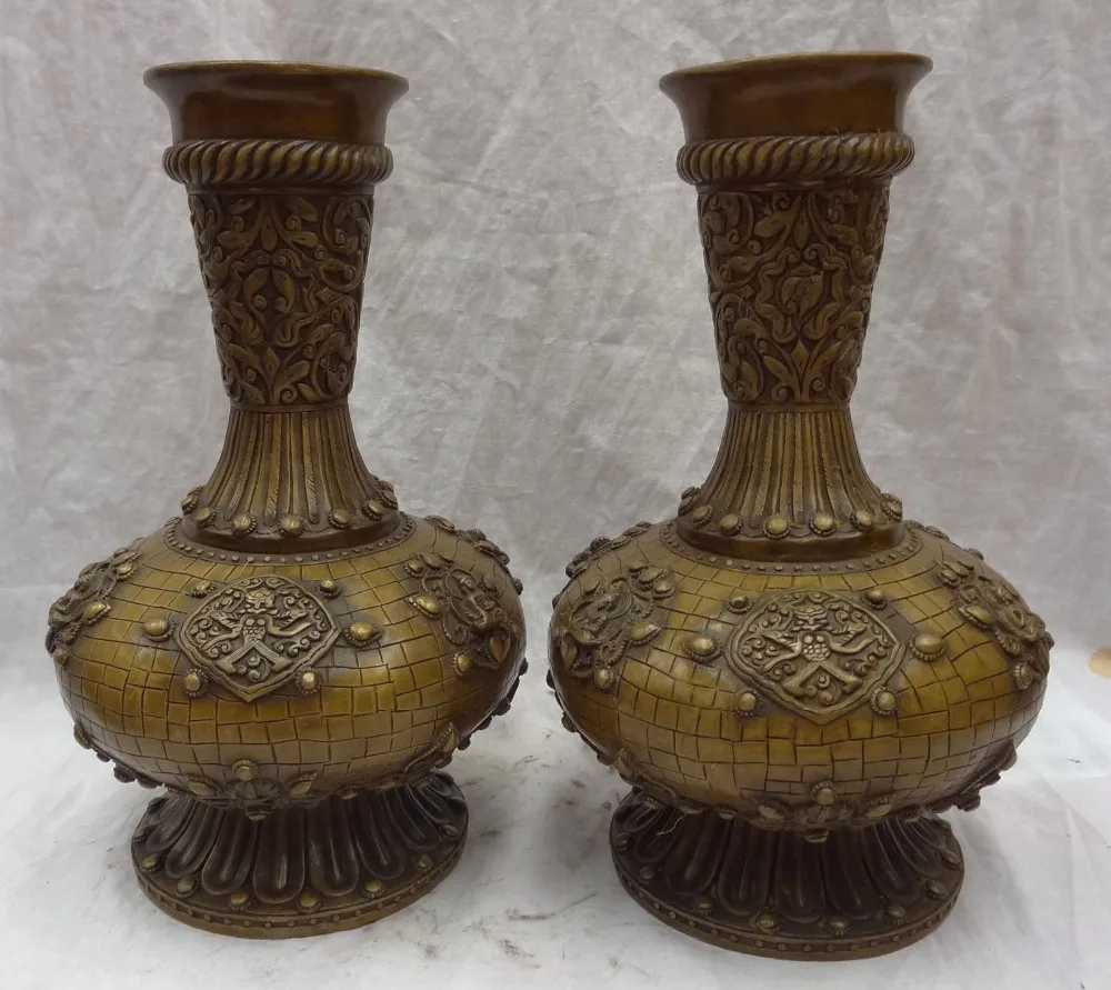 

004956 12" Tibet Bronze Buddhist JiXiang Shakyamuni Buddha Statue Twin Pot Vase Pair