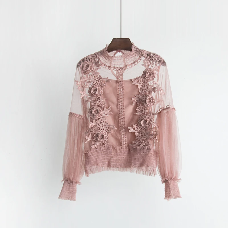 Новая весенняя Милая женская кружевная блузка рубашка с вышивкой черно-белые топы розового цвета