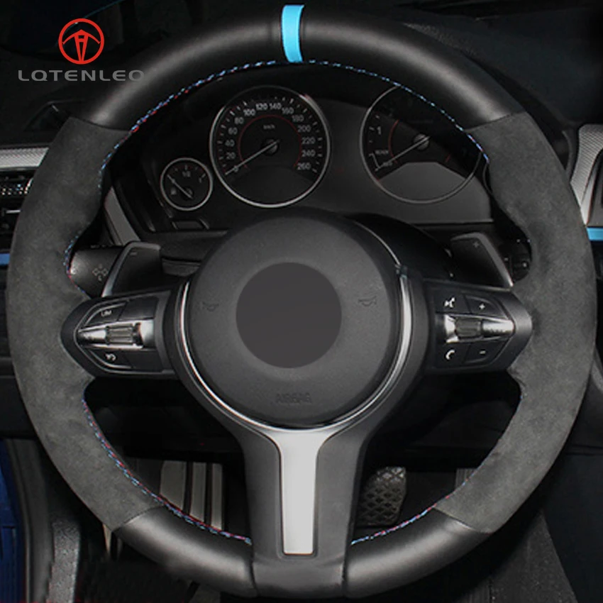 

LQTENLEO Black Genuine Leather Suede Car Steering Wheel Cover for BMW F87 M2 F80 M3 F82 M4 M5 F12 F13 M6 F85 X5 M F86 X6 M F33