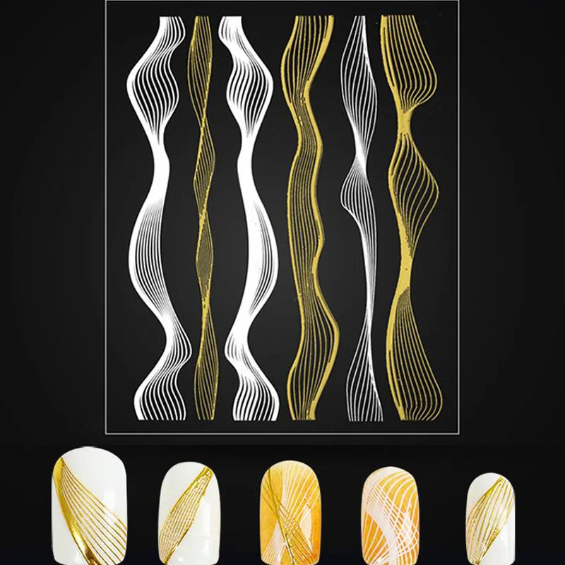 Addfavor 3D металлические наклейки для ногтей, выдалбливают металлические волнистые линии, серебряные наклейки для дизайна ногтей, обертывание, украшение для маникюра - Цвет: Gold White