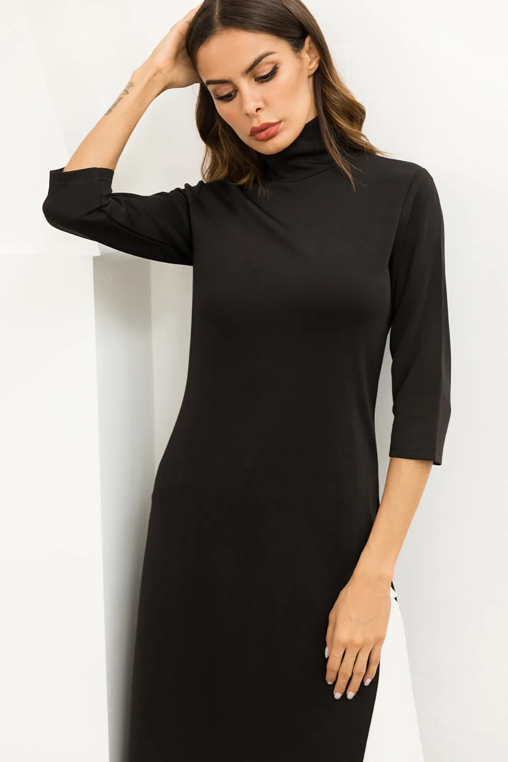 Комплект черная футболка макси платье, Женская водолазка с боковыми Высокая Талия Вечерние длинные черные Bodycon платья Плюс Размеры платье