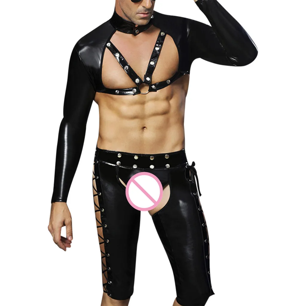 

Sexy lingerie mens Panties erotic Thin section Mens Seductive Sissy Lingerie Set Artificial Leather Open Crotch Bodysuit H4