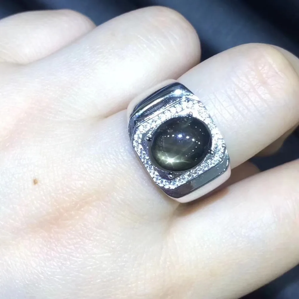 

Natural balck starlight star sapphire Ring S925 Silver Natural gemstone Ring Fashion Luxurious square men Women's party Jewelry