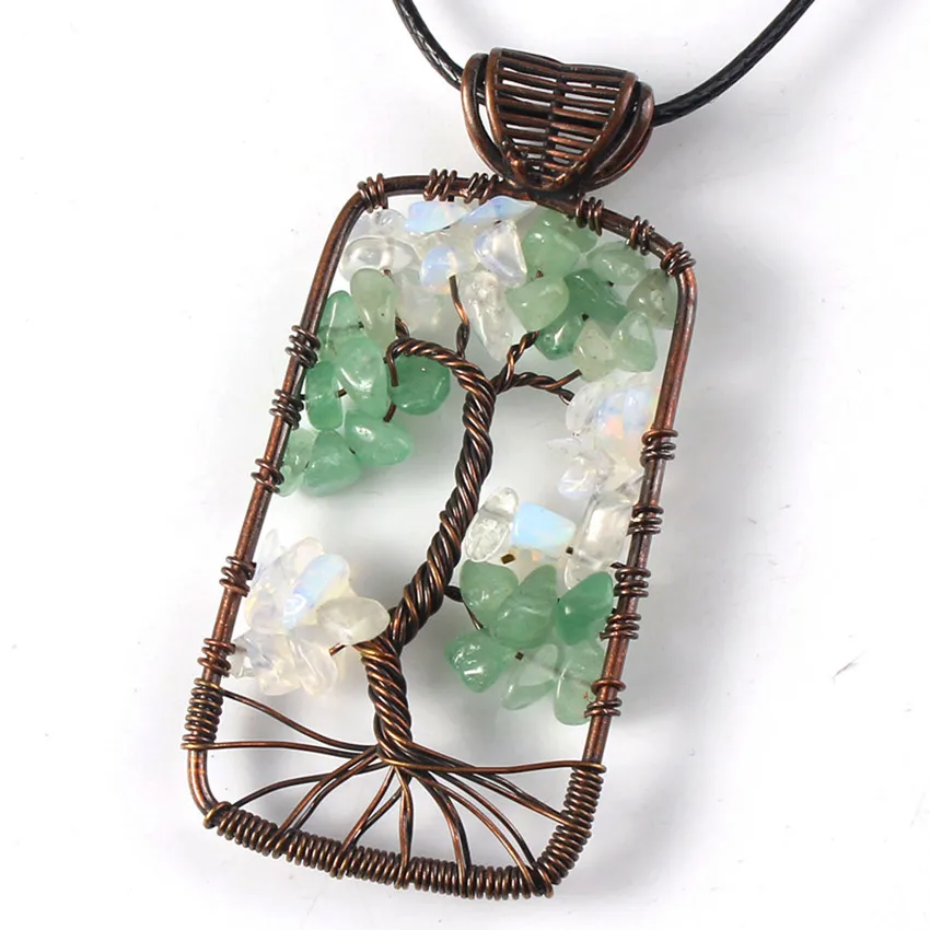 KFT Natural Healing Stone Tree of Life Green Aventurine Opalite Opal Rectangle Pendant Necklace with Rope Chain Jewelry | Украшения и