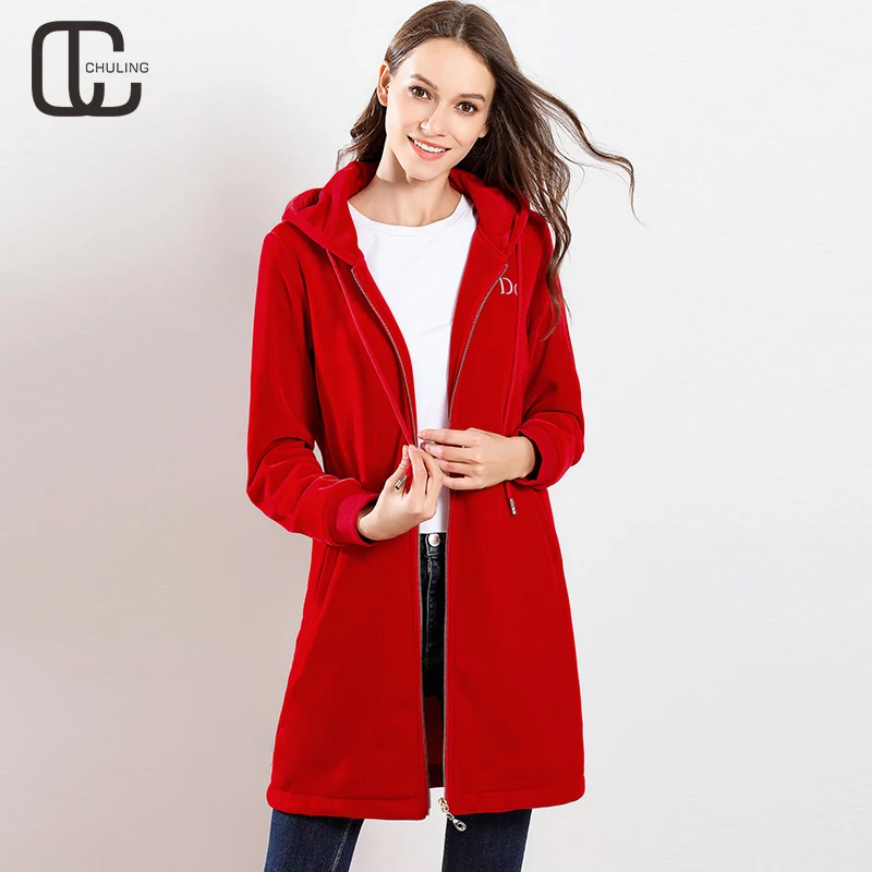Winter Women Velvet Thick Casual Embroidery Red Hooded