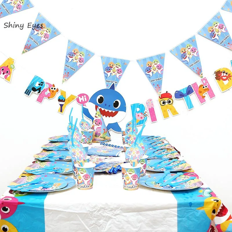 

Shiny Eyes Baby Shark Party Supplies Disposable Tableware Paper Plate Cup Flag Gift Bag Baby Shower Balloons Kids Birthday Party