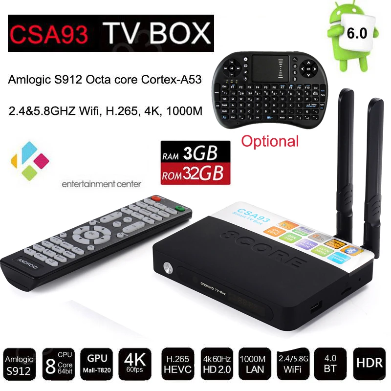 3GB/32GB CSA93 Amlogic S912 Octa Core Cortex-A53 Android 6.0 TV Box BT4.0 2.4G/5.8G Dual WiFi H.265 4K 1000M Smart Meida Player