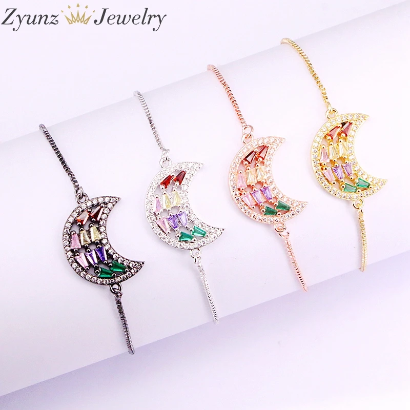 

10PCS, Fashion Charming Colorful CZ Micro Paved Adjustable Slide Chain Bracelets Crescent Moon Shaped Zirconia Bangles