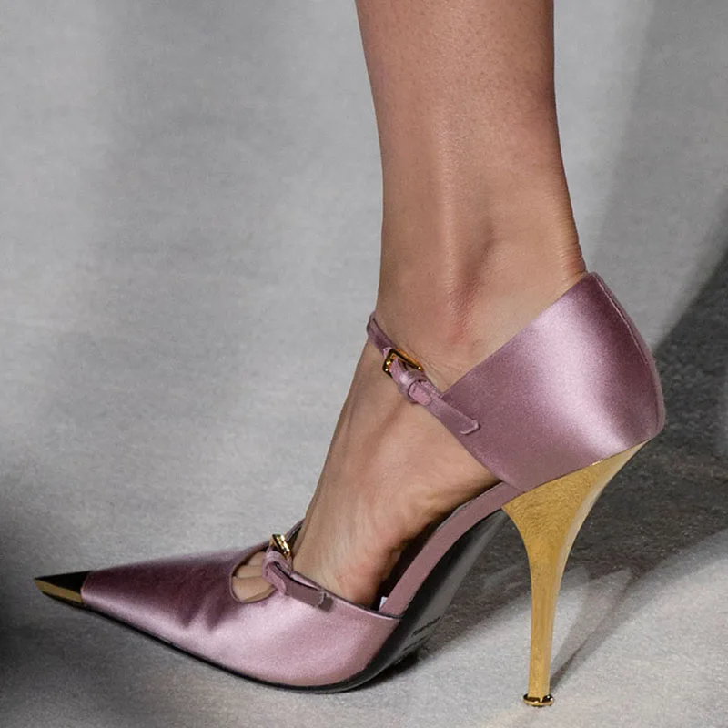 Luxury-Silk-Upper-Gold-Metallic-High-Heels-Shoes-Woman-Metal-Pointed-Toe-Ladies-Pumps-Two-Buckle (2)