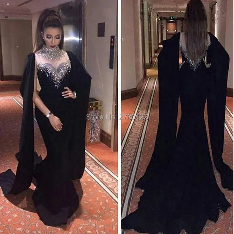 Gorgeous-Black-Dubai-Kaftan-Long-Evening-Dress-2017-High-Neck-Bling-Crystal-Beaded-Mermaid-Prom-Evening