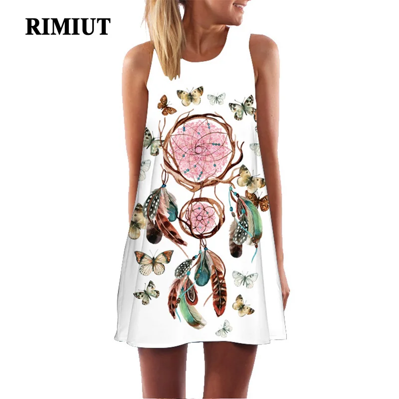 

Rimiut Cartoon big size women summer dress print sweet boho bohemian style A-Line Dresses ethnic Loose Sleeveless Mini Dresse