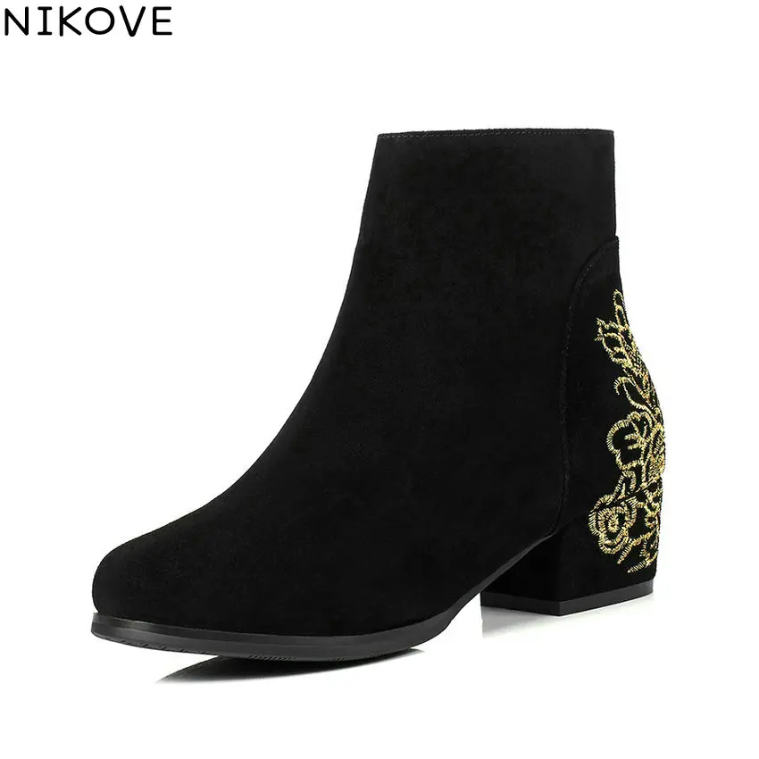 

NIKOVE 2018 Women Boots Embroidery Short Plush Comfortable Square Med Heel Ankle Boots Round Toe Chunky Ladies Boots Size 34-40