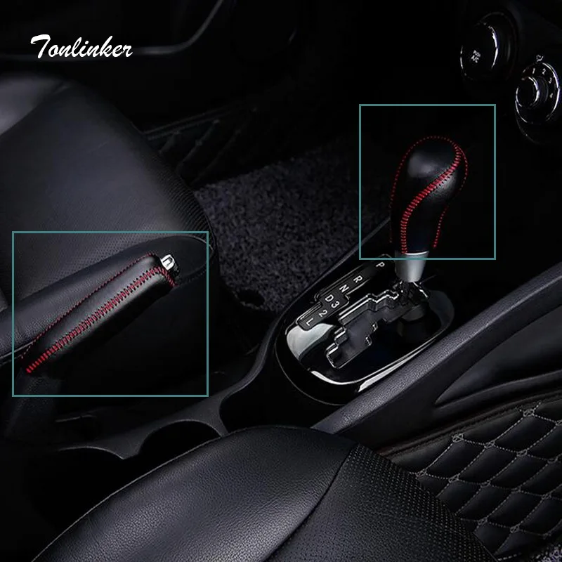 

Tonlinker Cover Case Sticker For KIA RIO K2 2017-18 Car Styling 1 pcs Genuine Leather Gear Shift/Handbrake Collars cover Sticke