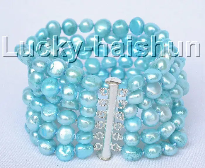 

Free Shipping >>8" 6row 9mm baroque sky blue pearls bracelet bangle magnet clasp