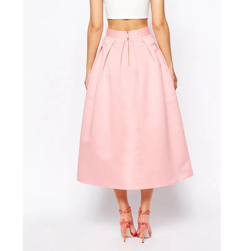 Graceful-Pink-Satin-Skirts-2016-A-Line-Chic-Invisible-Zipper-Waist-Pleat-Tea-Length-High-Quality