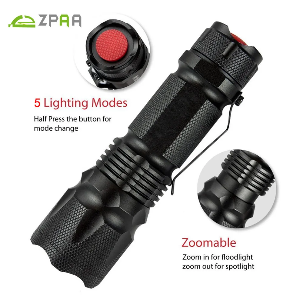 

ZPAA XM L2 5000LM Tactical Flashlight Cree Zoomable LED Flashlight Torch 5 Modes Light for AAA or 18650 Rechargeable Battery