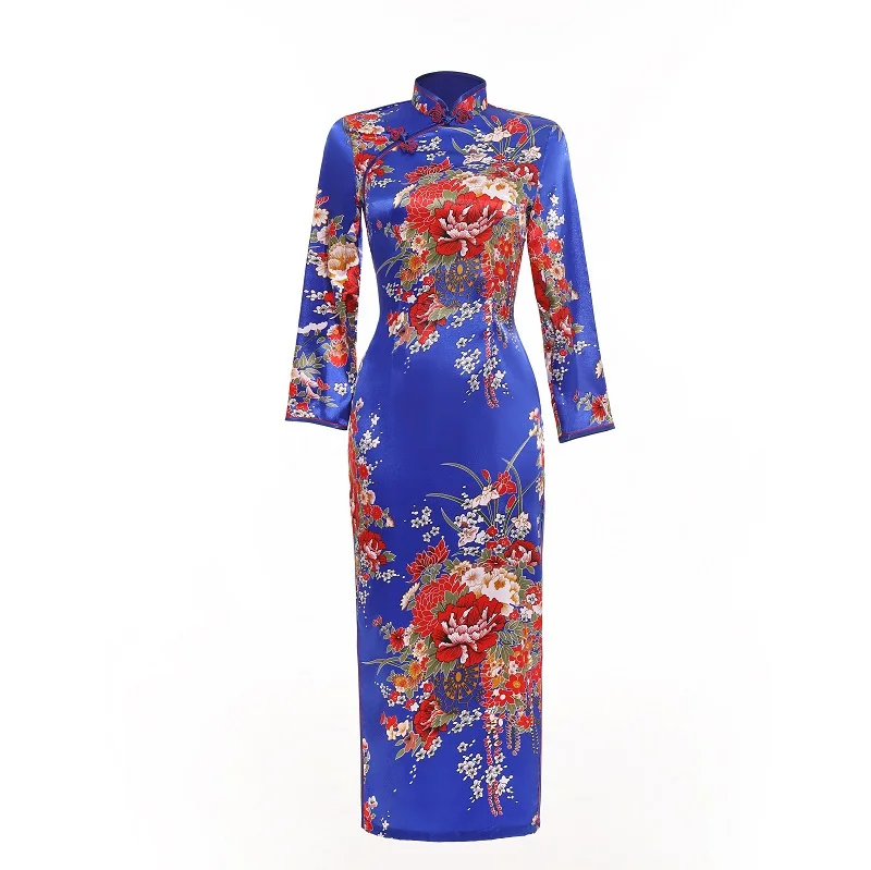 Шанхай история искусственного шелка цветочный Ципао винтажное китайское стильное платье китайское восточное платье павлин Чонсам длинное китайское платье - Цвет: Flower Blue