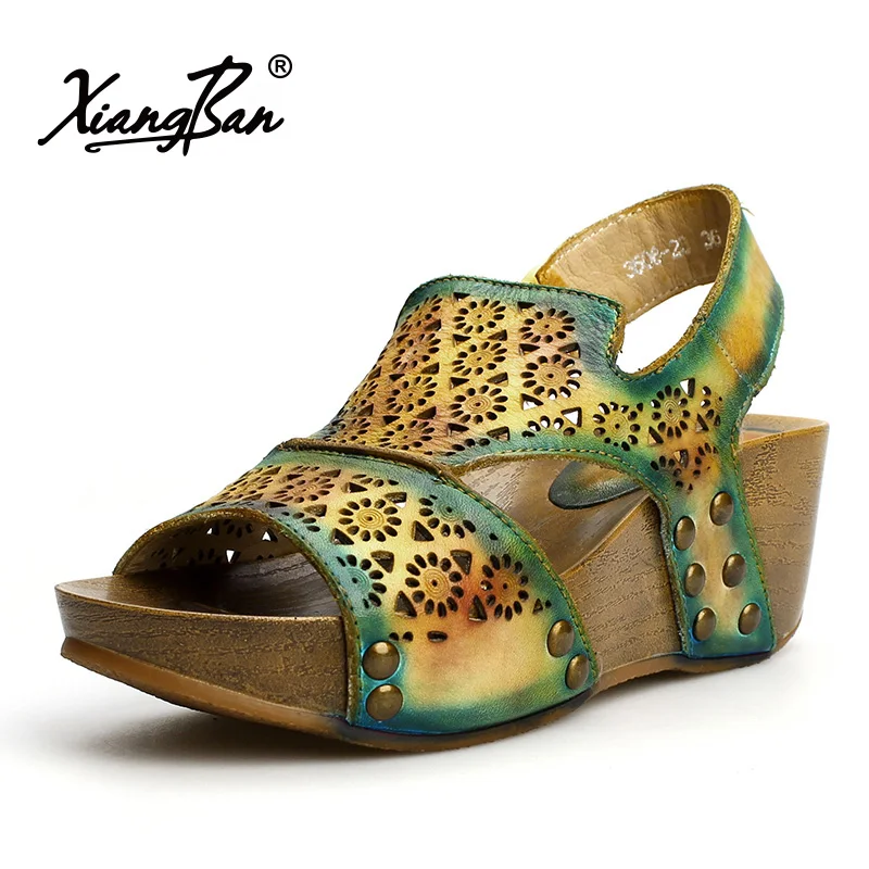 

Xiangban Casual Women Sandals Thick Bottom Elastic Band Peep Toe High Heel Platform Sandals Female Genuine Leather