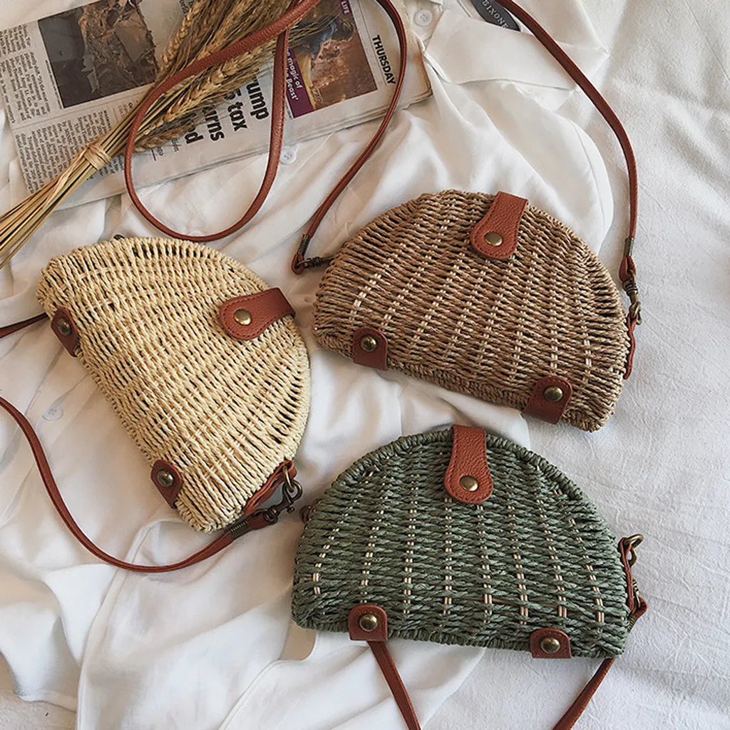 Women's Fashion Retro Straw Hemp Woven Shoulder Buckle Bags Solid Color