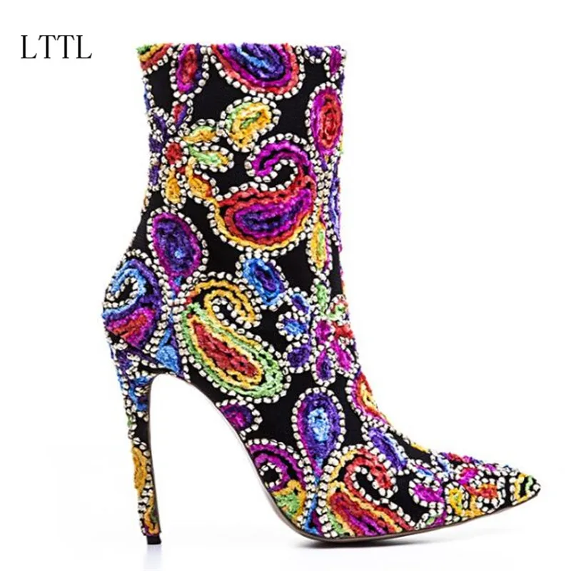 

2017 Sexy Velvet Ankle Boots Women Pointed Toe Rhinestone Bead Flower High Heel Shoes Woman Fashion Mixed Color Short Boots