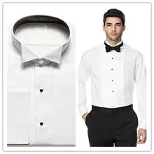 2016 100% baumwolle rein weißen smoking kragen mit französisch manschette und falten vorne herren slim fit hochzeit smokinghemd