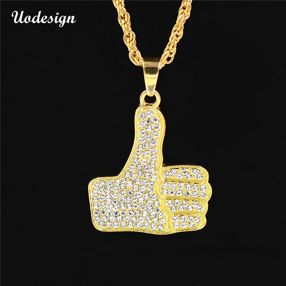 Uodesign Thumb Up Sign Necklaces Gold Color Finger Pendant Necklace Mens Engagement Cubic Zircons Fashion Hip Hop Jewelry Gift | Украшения