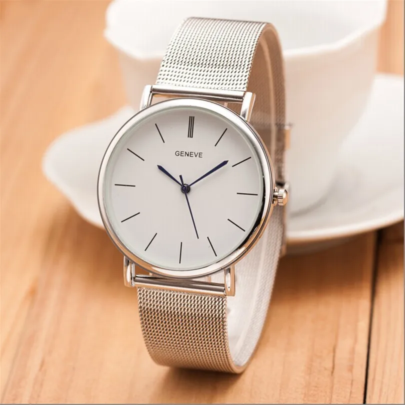 Montre Homme, брендовые серебряные повседневные кварцевые часы Geneva, женские часы с металлической сеткой из нержавеющей стали, часы для отдыха, женские часы - Цвет: silivery