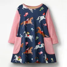 Детская одежда с карманами; платья для девочек; принт с животными; хлопок; сезон осень-весна; повседневные трикотажные платья с длинными рукавами для девочек