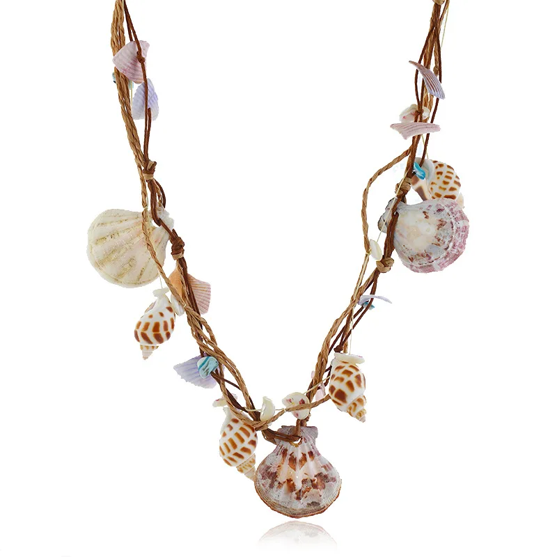 

2019 New Trendy Bohemian Beach Summer Natural Sea Shell Conch Pendant Hand-woven Rattan Statement Necklace women Fashion Jewelry