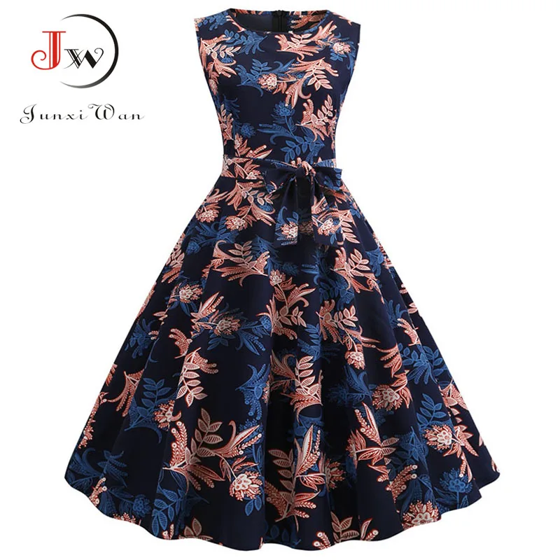 

Floral Print Summer Dress Women Sleeveless Vintage Dresses Tunic Swing Hepburn Elegant Party Dresses Plus Size Sundress