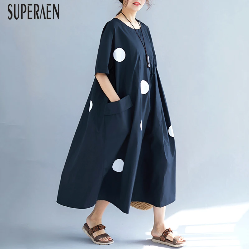 

SuperAen Short-sleeved Fashion Dress Female Summer New 2019 Cotton Women Dress Round Collar Casual Wild Women Clothing