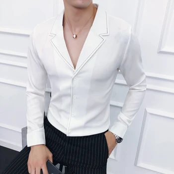 

Pure Color Mens Long-sleeved Shirts White Black Business Wedding Party Groom Dress Shirt Size 3XL Youth Popular Top