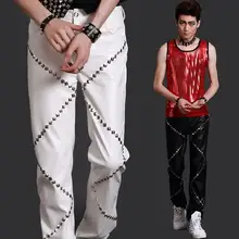 Мужские кожаные штаны-шаровары для сцены, мужские брюки с заклепками для пения, танцев, рок, модные брюки для улицы