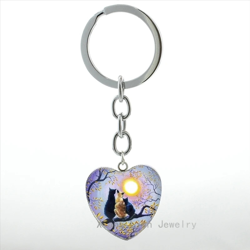 

Glass Art Black Kitten Siamese Cat Family key chain ring full moon animal heart pendant galaxy nebula moonlight keychain HP442
