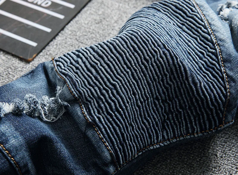 Mcikkny Men Jeans Fashion Slim Fit Stretch Patchwork Jeans Men Brand Designer Trousers Blue Solid Color Pants Male Plus Size 42