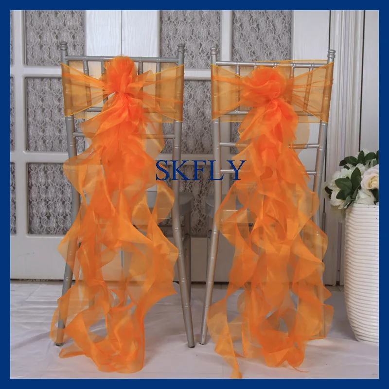 CH098F Хорошее качество скидка Дешевые Свадебные украшения оранжевая органза курчавая ива стул с рюшами