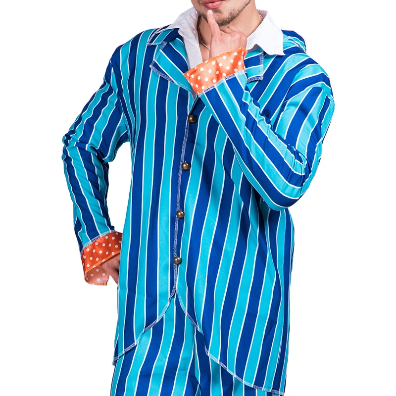 Móda austin powers oblek 80's 70's večírek cosplais muži sako oblek modrá pruhované diskotéka kostýmy dospělý halloween kostým pro muži