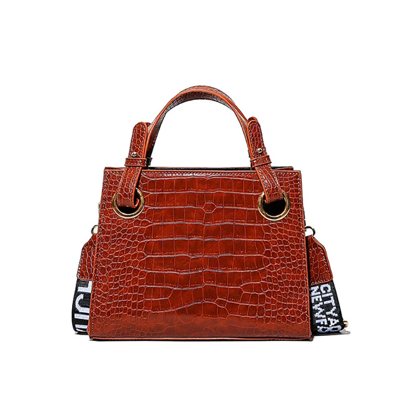 

Women Crocodile Pattern Handbag Quality Soft Leather Large Shoulder Bag Black Female Wide Letters Strap Messenger Bag