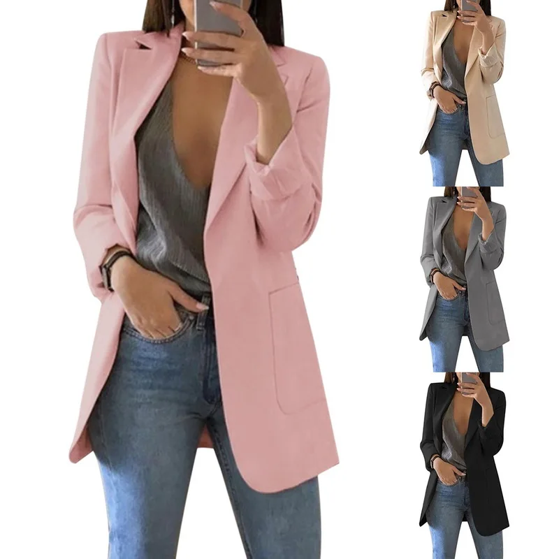

Spring Women Blazer Fashion Solid Long Sleeve Cardigan Jacket Suit Vintage Turn-down Collar Outwear Ladies Blazer Top