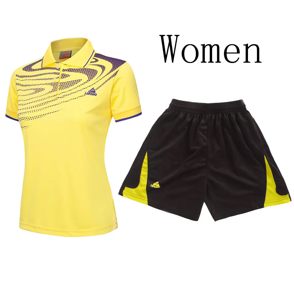 Костюмы для бадминтона для мужчин/женщин, настольные теннисные костюмы, теннисные майки с отложным воротником+ шорты, одежда для влюбленных pingpong Джерси+ шорты - Цвет: Women Yellow Set