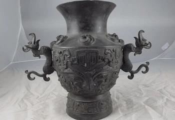 

USPS to USA S1086 Royal Palace Old Copper Bronze Two Dragons Ears animal Face cruse Pot Jar Vase