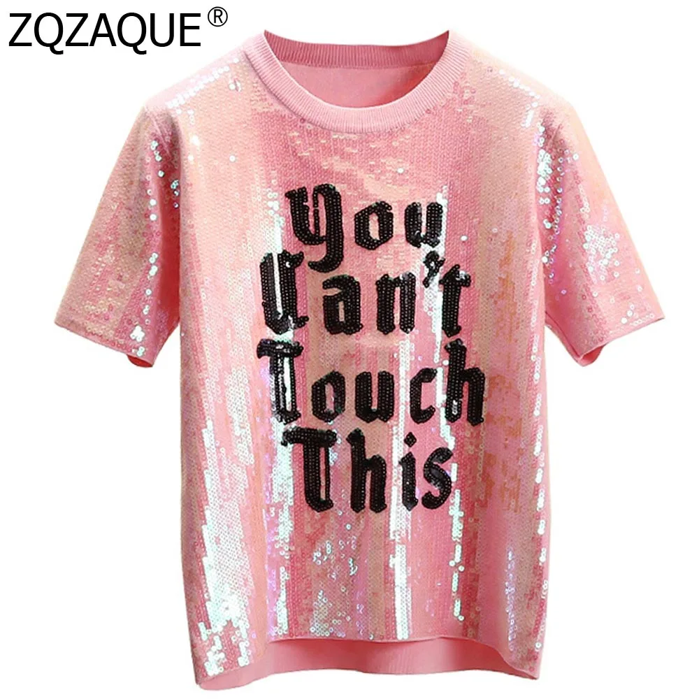 

Super Luxury Sequined Letters T-shirts for Women High Grade Summer Sweet Pink Shining Knit Tops Young Girls Nice All-match Tees