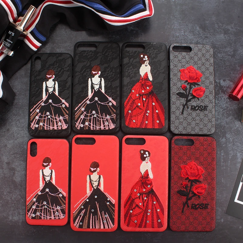 New 3D Embroidered Phone Case For iPhone X 6 6s 7 8 Plus Pretty Girls in Beautiful Skirt Rose Flowers Case Covers Fundas Coque