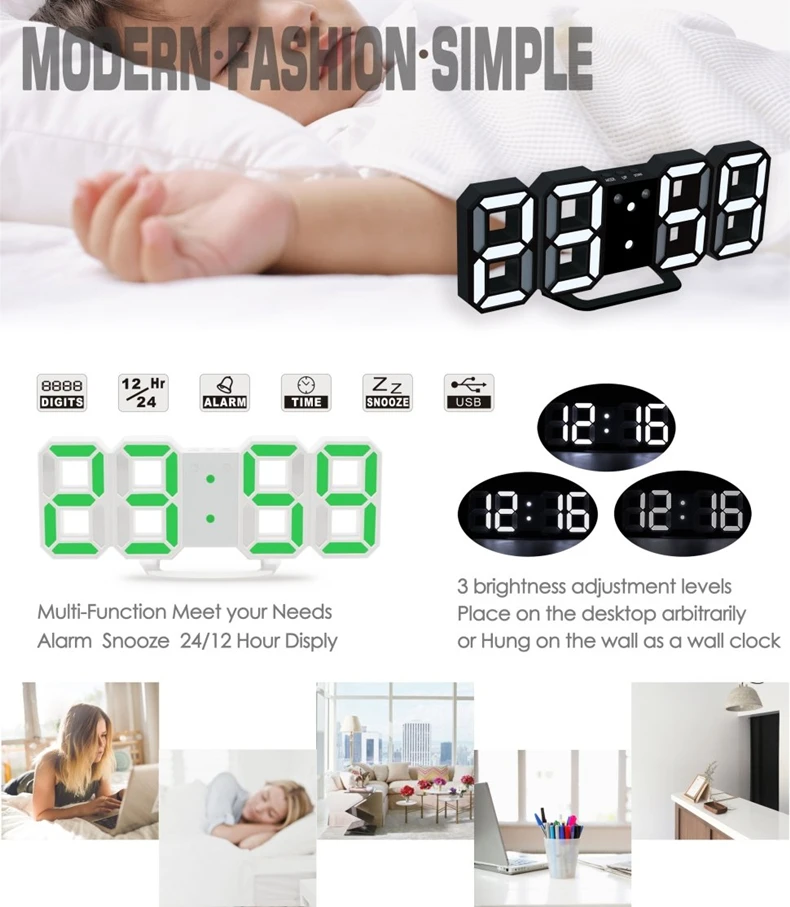 MOSEKO 3D светодиодный цифровой будильник современные настенные настольные часы с регулируемой яркостью, повтор, автоматическая память, дисплей 24/12 часов