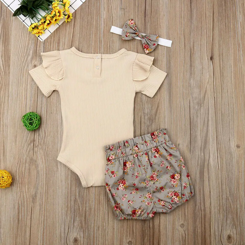 Летняя одежда для малышей комплекты одежды для новорожденных девочек и мальчиков однотонный комбинезон в рубчик+ шорты с цветочным рисунком+ повязка на голову, комплект из 3 предметов