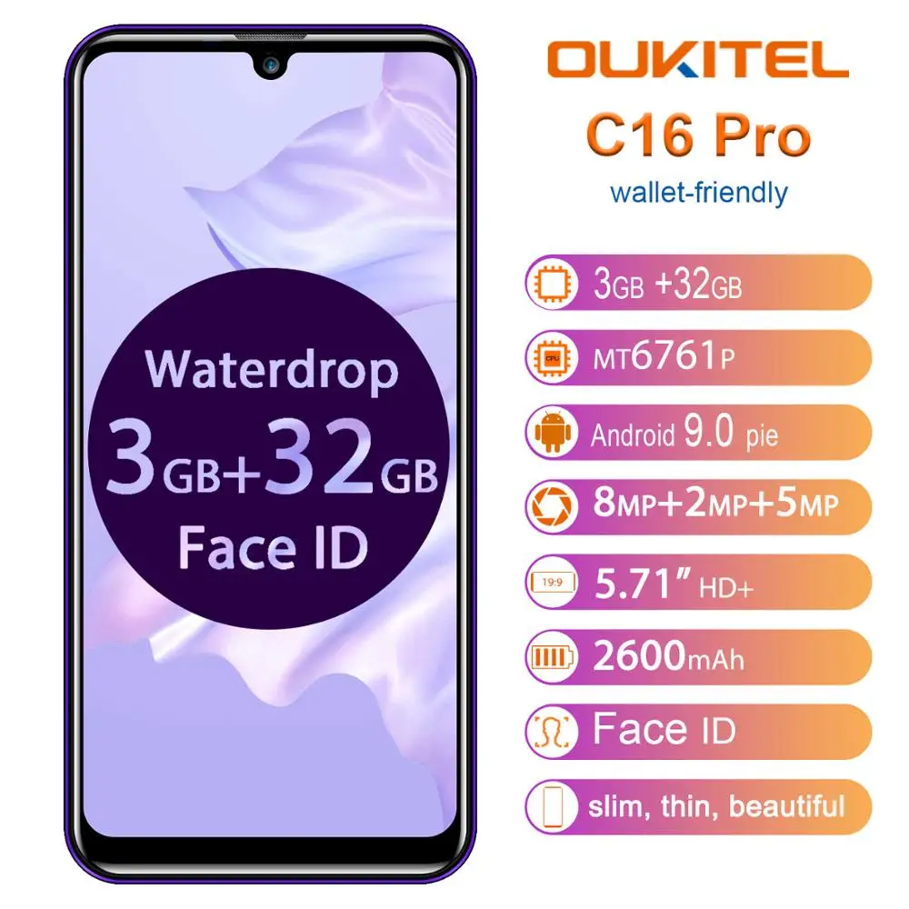 Смартфон OUKITEL C16 Pro, 3 ГБ, 32 ГБ, четырехъядерный процессор MTK6761P, 5,71 дюймов, экран в виде капли воды, 19:9, отпечаток пальца, LTE, 2600 мАч, мобильный телефон для распознавания лица