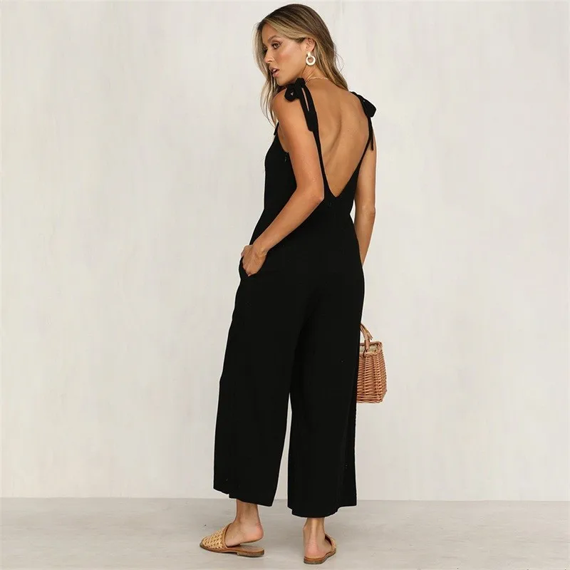 Casual Loose Rompers Womens Jumpsuit Solid Simple Sling Sleeveless Jumpsuits Streetwear Sexy Backless Lace Up Romper Overalls