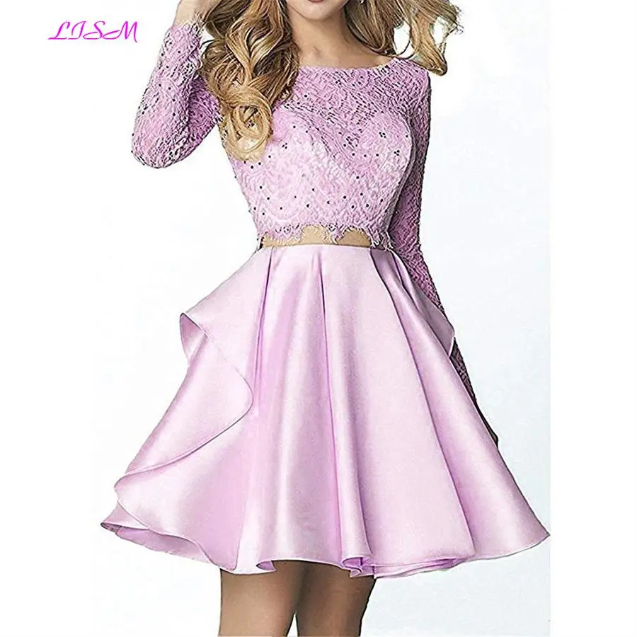 

Elegant Two Pieces Cocktail Dresses Short Lace Appliques Beading Backless Party Plus Size Gowns Above Knee Mini Lady Prom Dress