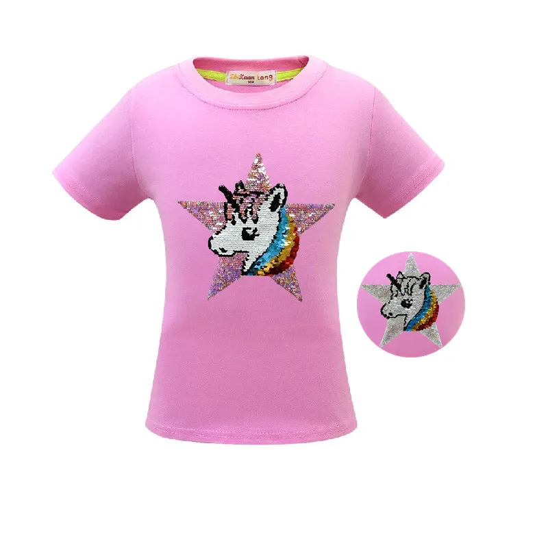 Футболка с единорогом летняя одежда для маленьких девочек Camiseta Unicornio, футболка топы для девочек, Femme, Детская футболка, Enfant, для дня рождения, цветная, с блестками - Цвет: 3469 Pink